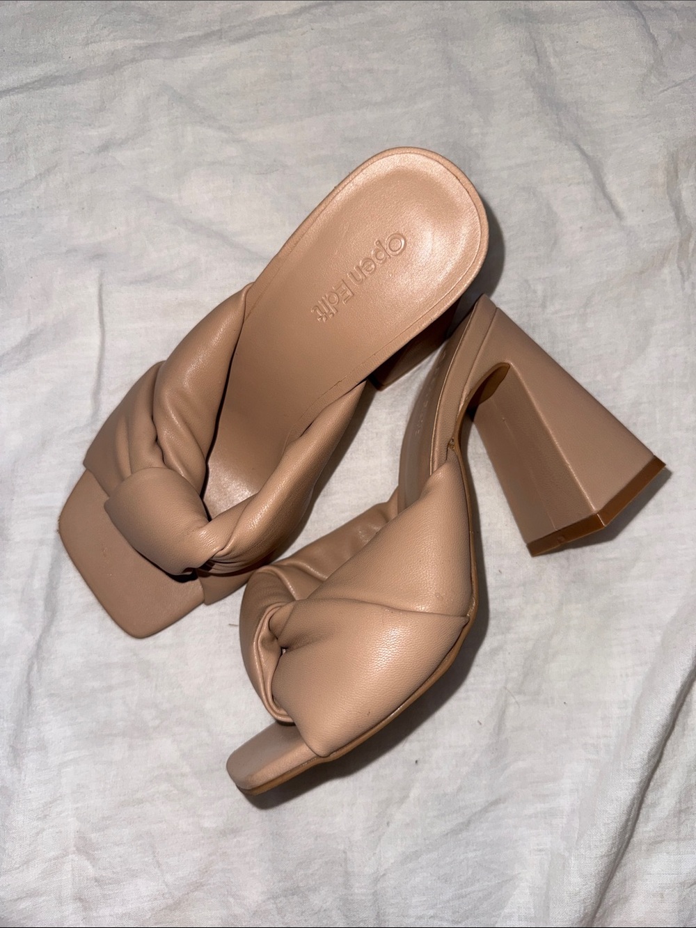 Open Edit Nude Leather Knot-Detail Block Heel Mules Size 5.5